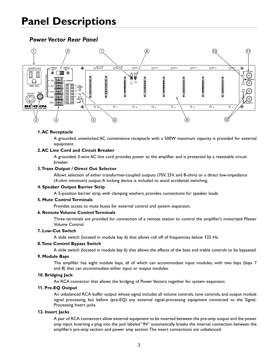 Panel descriptions, Power vector rear panel | Bogen V35 User Manual | Page 5 / 16