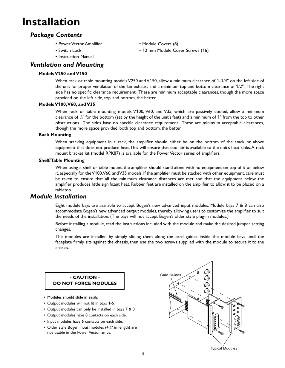 Installation, Package contents, Ventilation and mounting | Module installation | Bogen V35 User Manual | Page 6 / 16