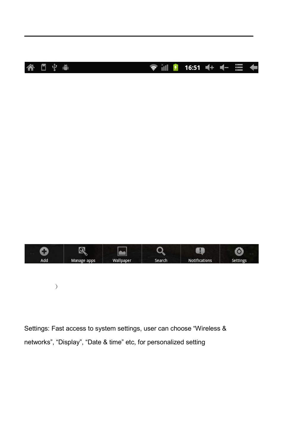 Interface introduction, Top bar of the interface, The home screen menu | KOCASO M830 User Manual | Page 5 / 17