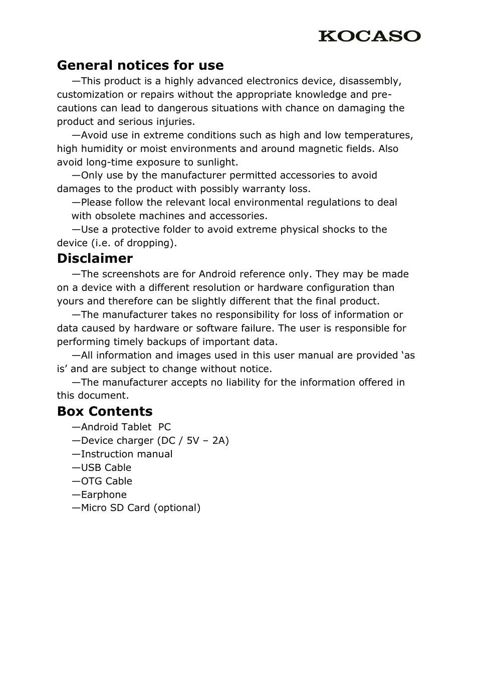 General notices for use, Disclaimer, Box contents | KOCASO M836 User Manual | Page 2 / 12