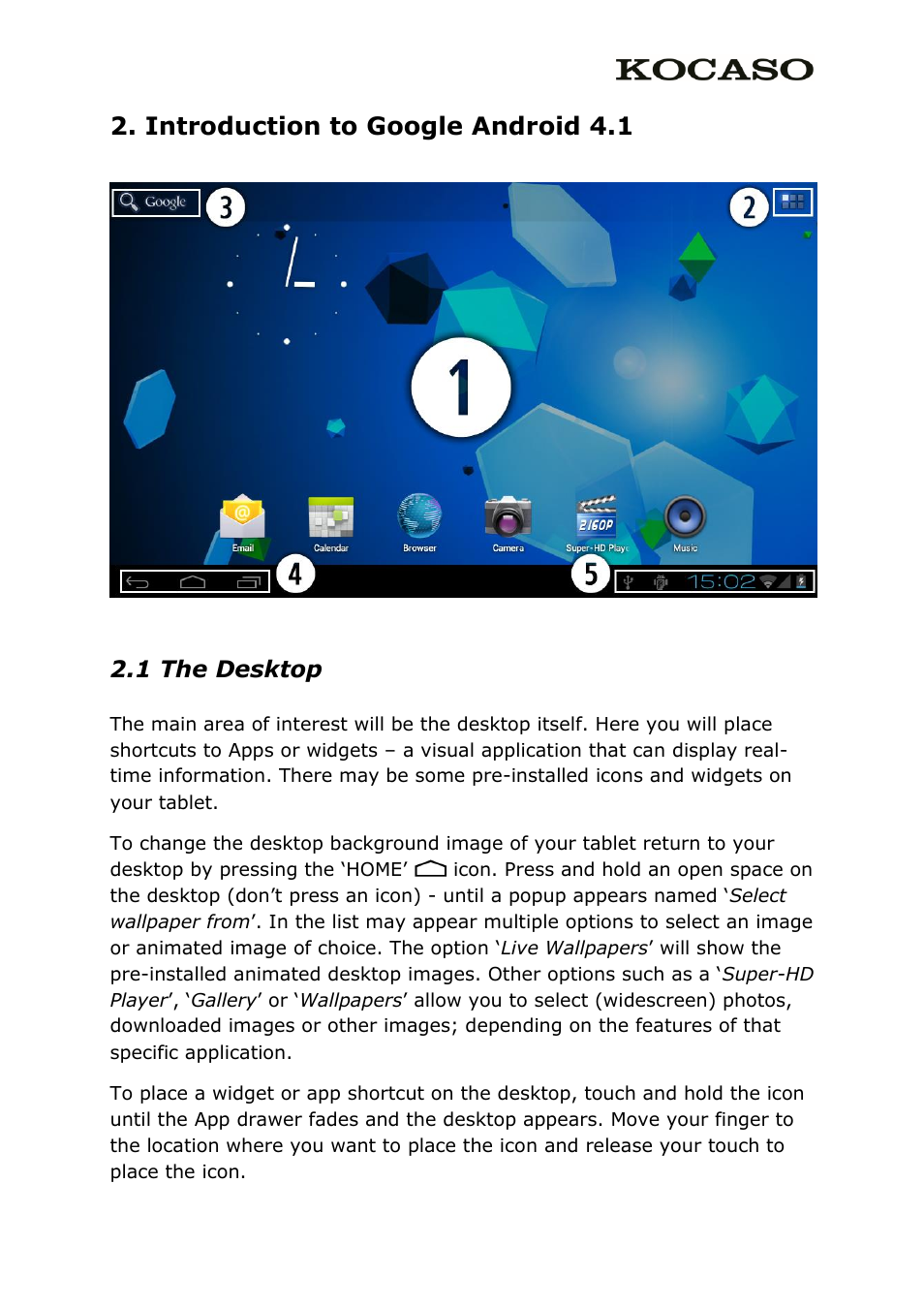 Introduction to google android 4.1, 1 the desktop | KOCASO M836 User Manual | Page 4 / 12