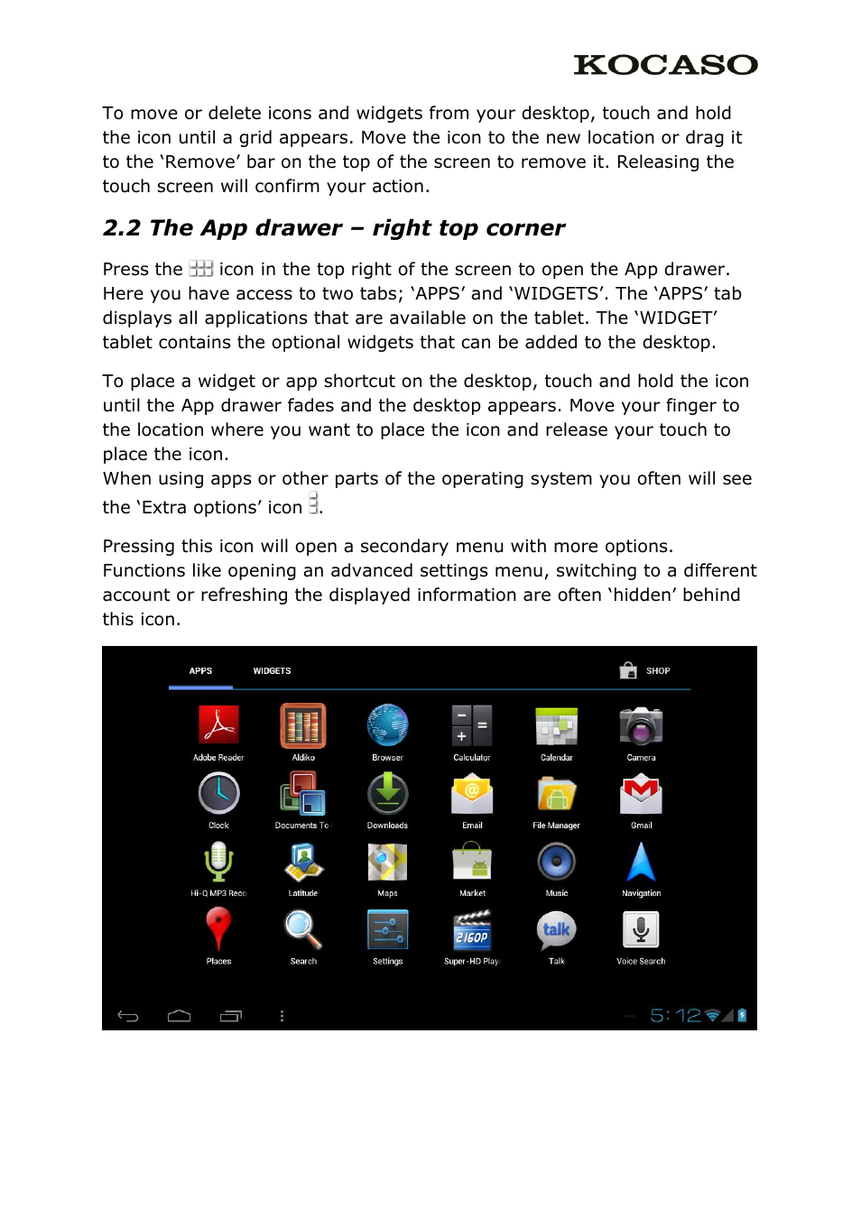 2 the app drawer – right top corner, 3 google search / voice search – left top corner | KOCASO M836 User Manual | Page 5 / 12
