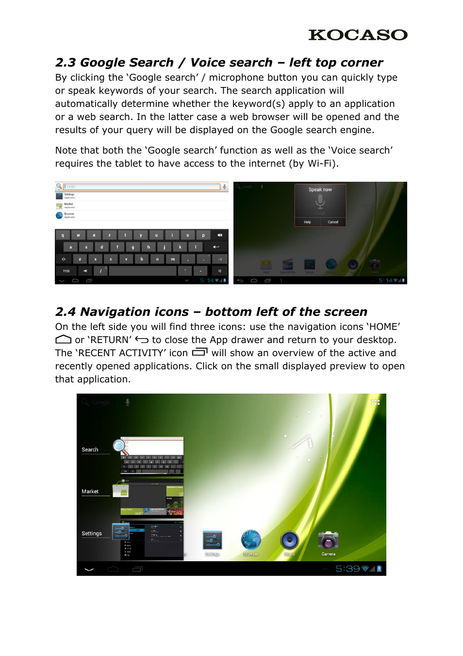 4 navigation icons – bottom left of the screen, 3 google search / voice search – left top corner | KOCASO M836 User Manual | Page 6 / 12