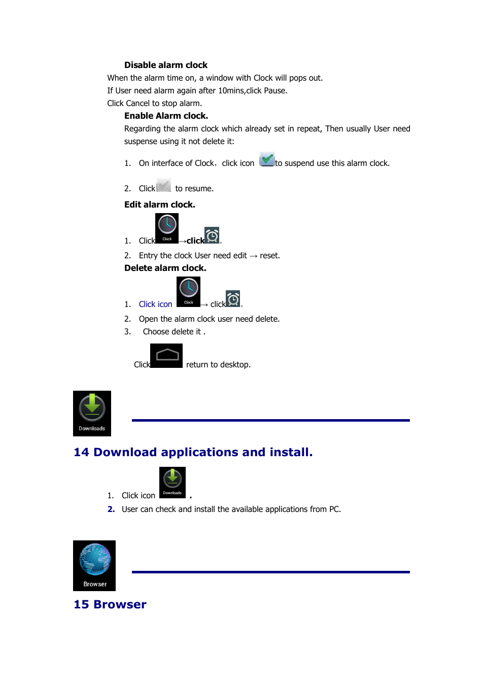 14 download applications and install, 15 browser | KOCASO M9000 User Manual | Page 15 / 28