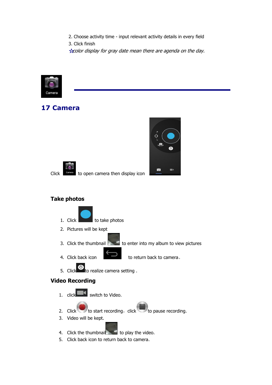 17 camera, Take photos, Video recording | KOCASO M9000 User Manual | Page 17 / 28