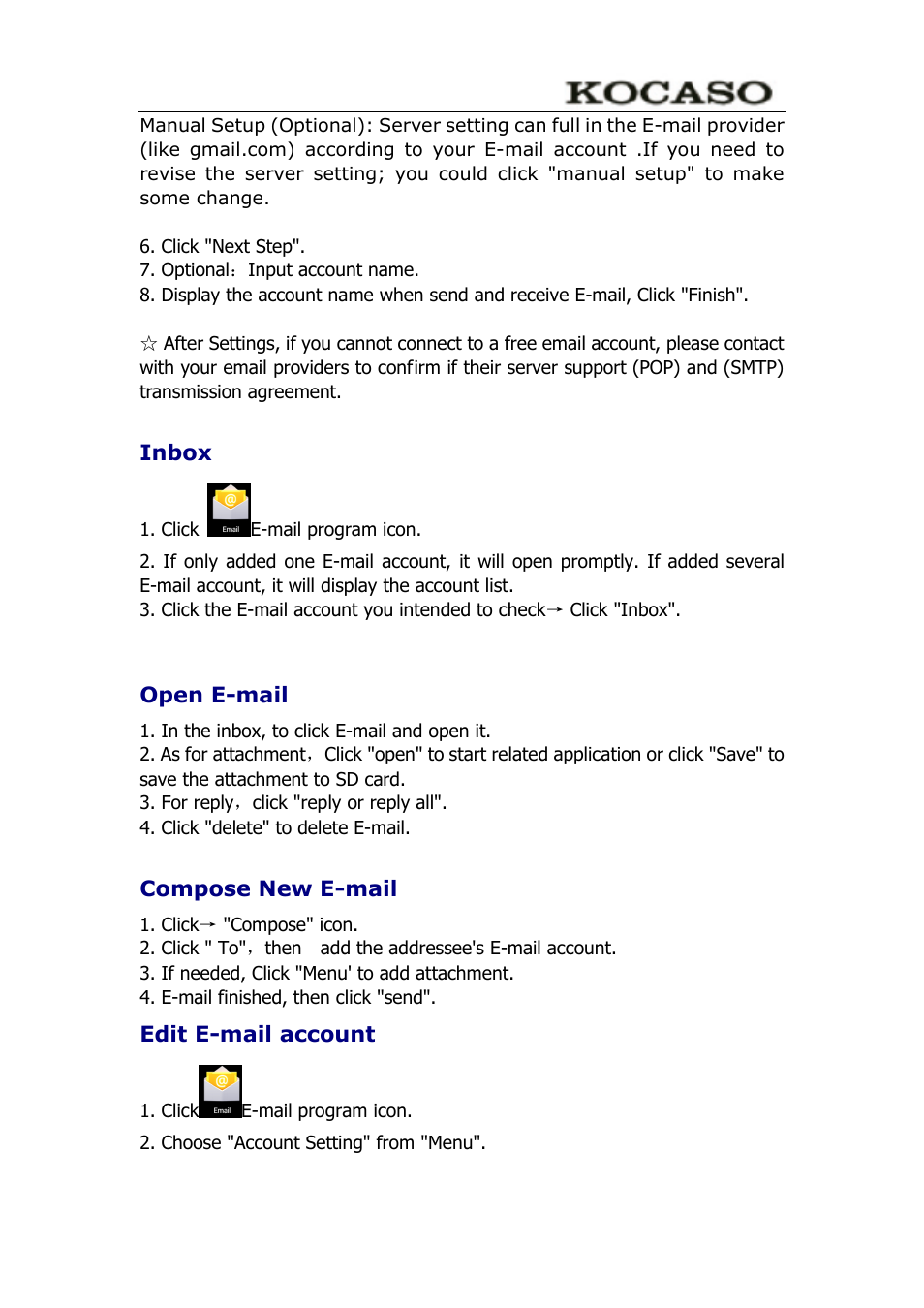 Inbox, Open e-mail, Compose new e-mail | Edit e-mail account | KOCASO M9100 User Manual | Page 20 / 30