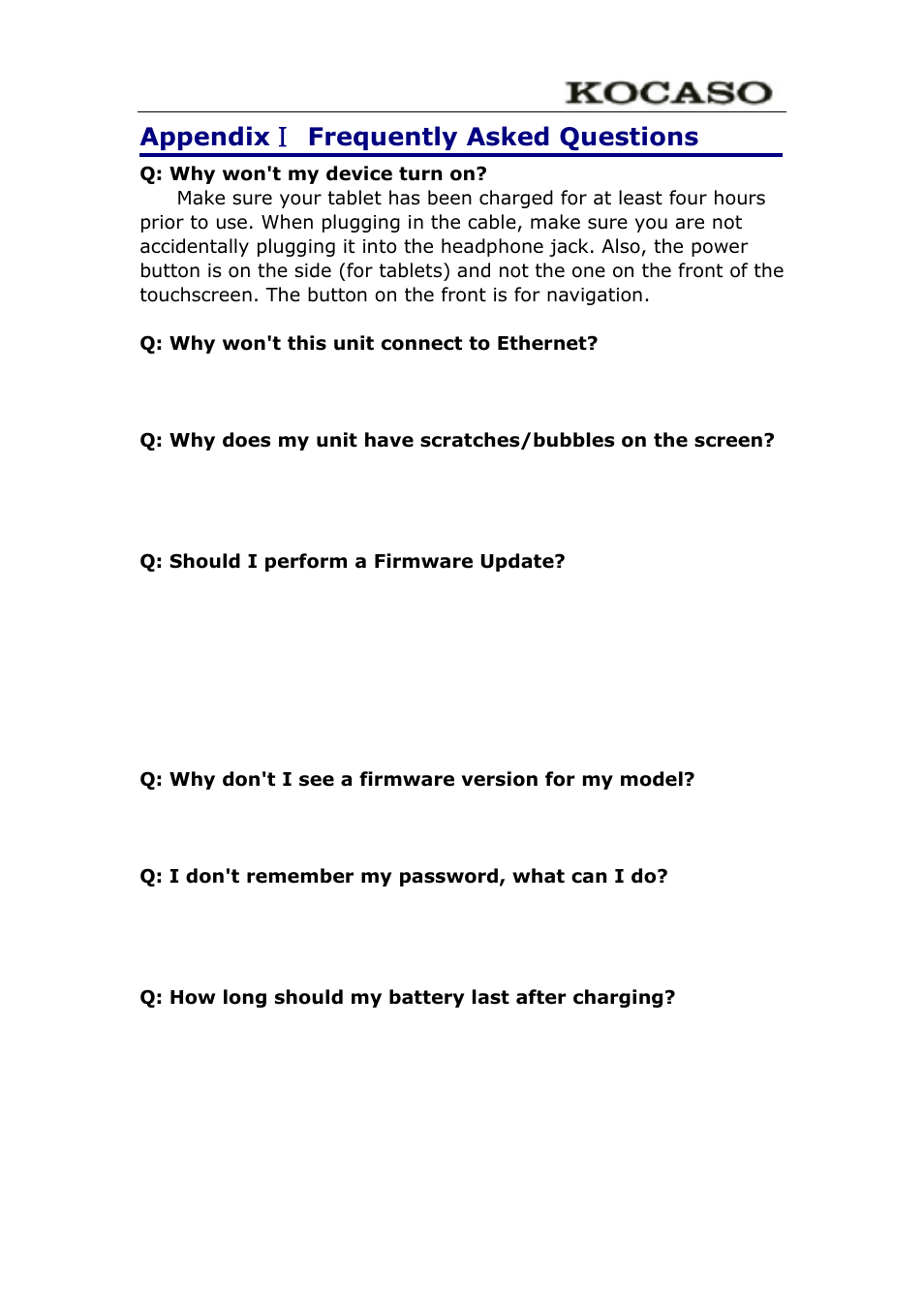 Appendix Ⅰ frequently asked questions | KOCASO M9100 User Manual | Page 28 / 30