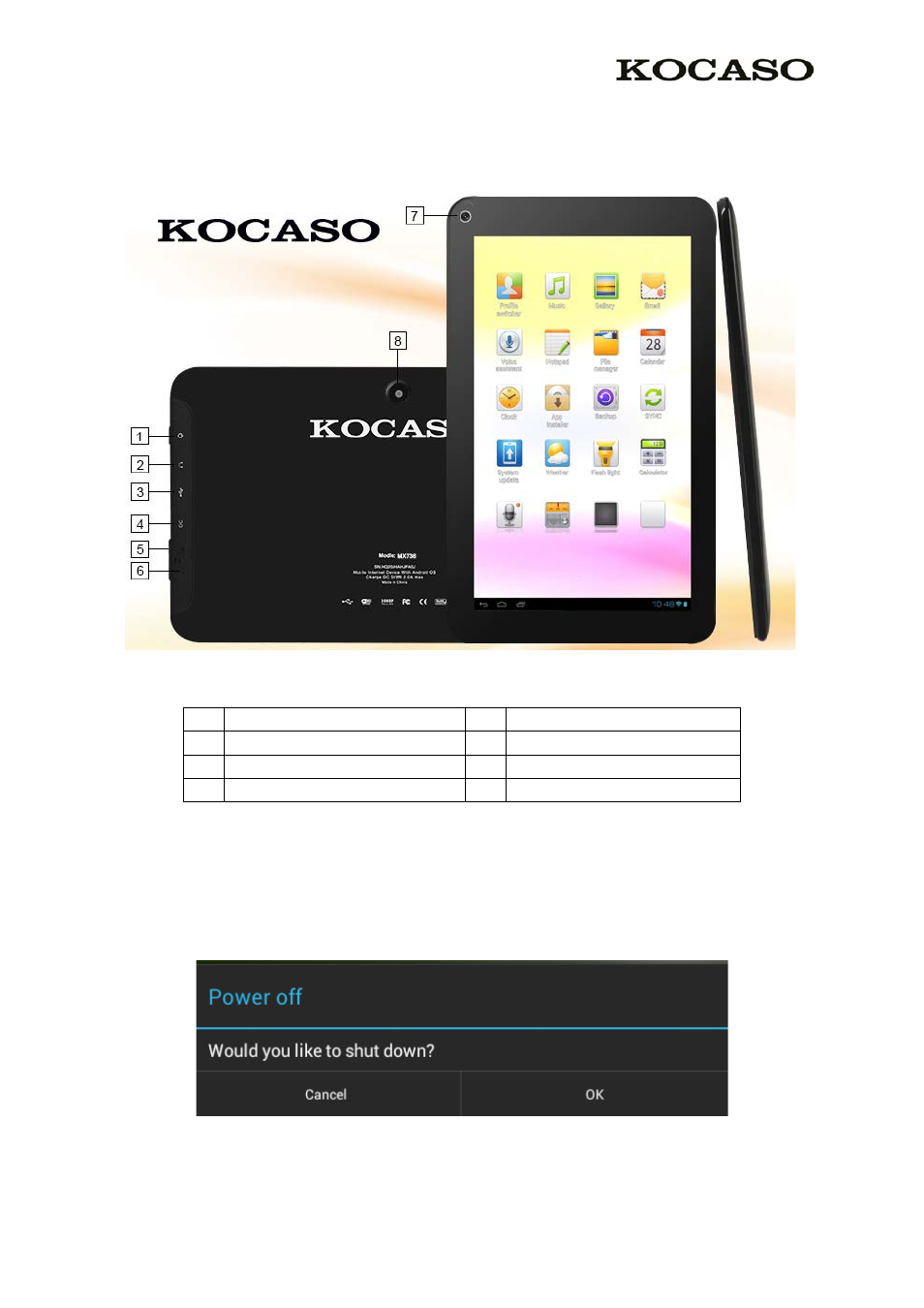 1 buttons and connections, 2 start up and shut down, Product basics | KOCASO MX736 User Manual | Page 3 / 13