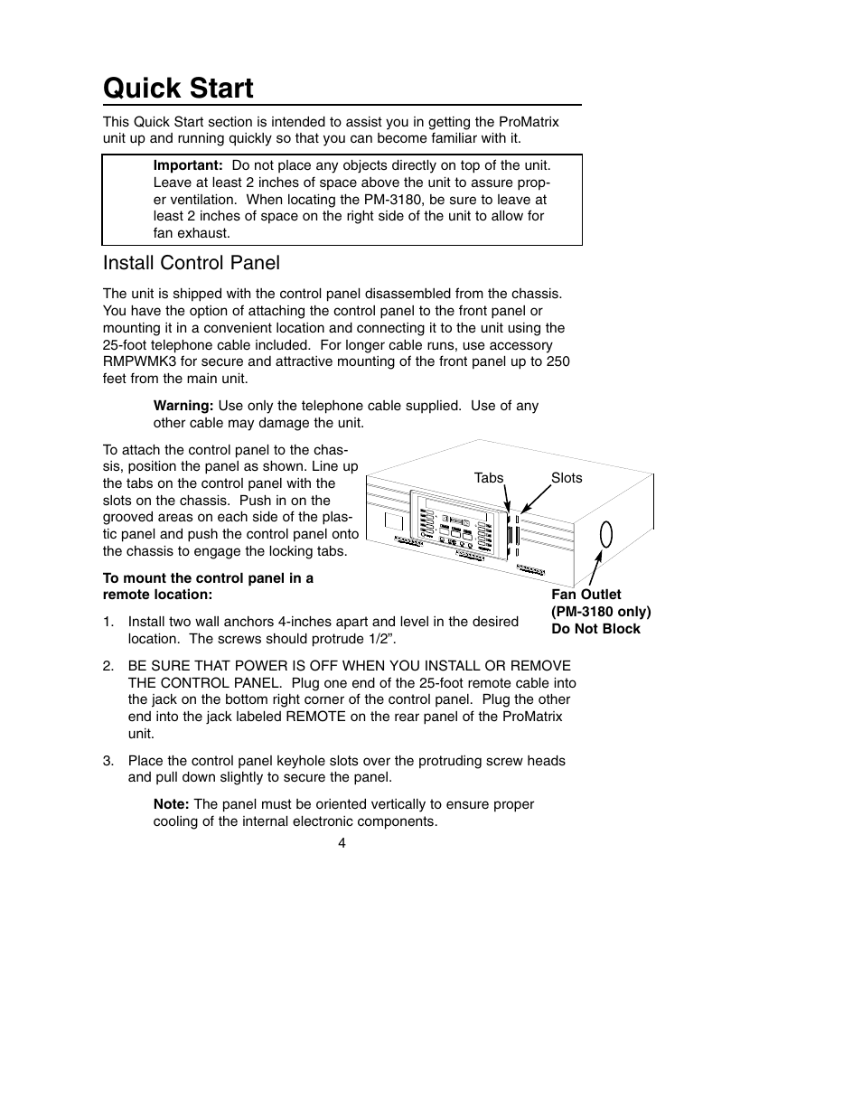 Quick start, Install control panel | Bogen PM-3180 User Manual | Page 10 / 50