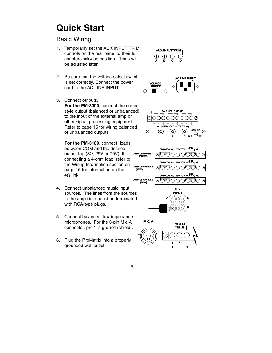 Quick start, Basic wiring | Bogen PM-3180 User Manual | Page 11 / 50