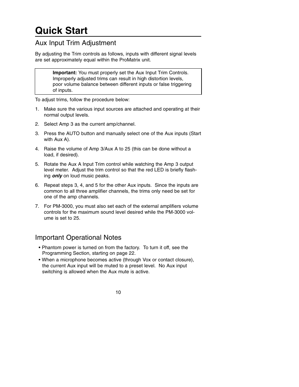 Quick start, Aux input trim adjustment | Bogen PM-3180 User Manual | Page 16 / 50