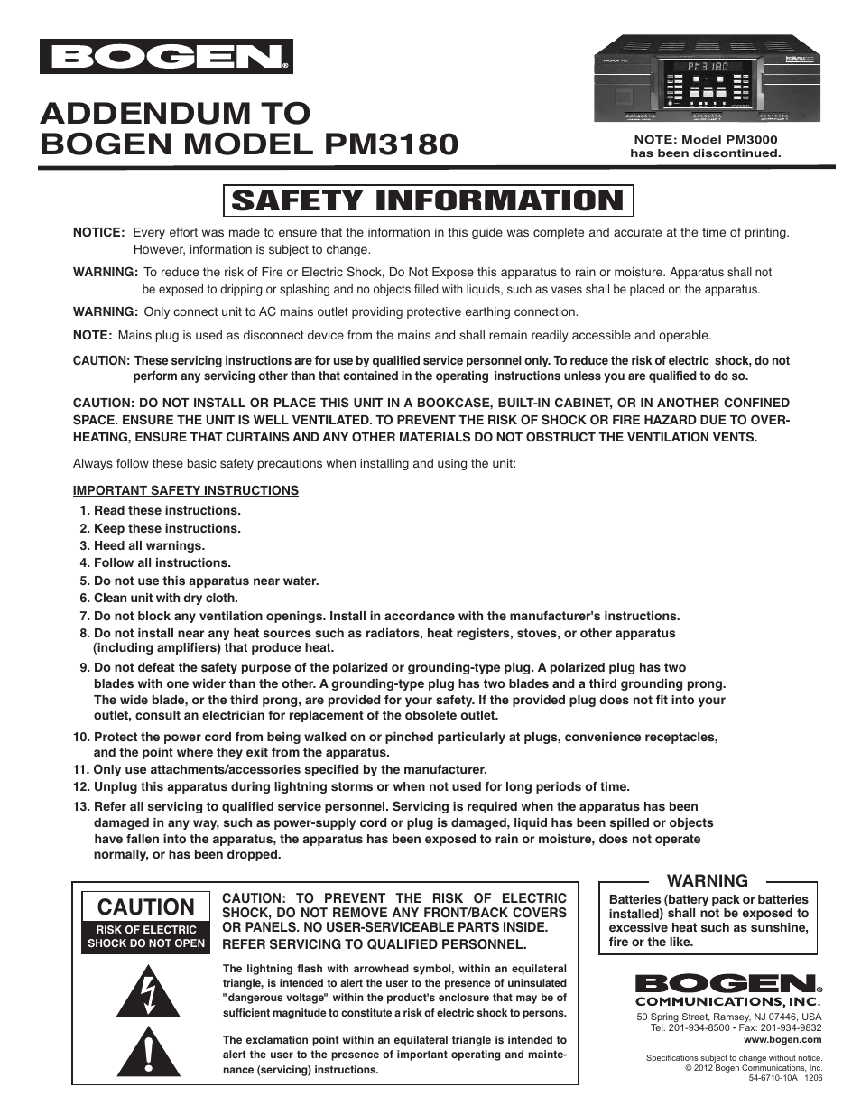 Addendum to bogen model pm3180, Safety information, Caution | Warning | Bogen PM-3180 User Manual | Page 2 / 50