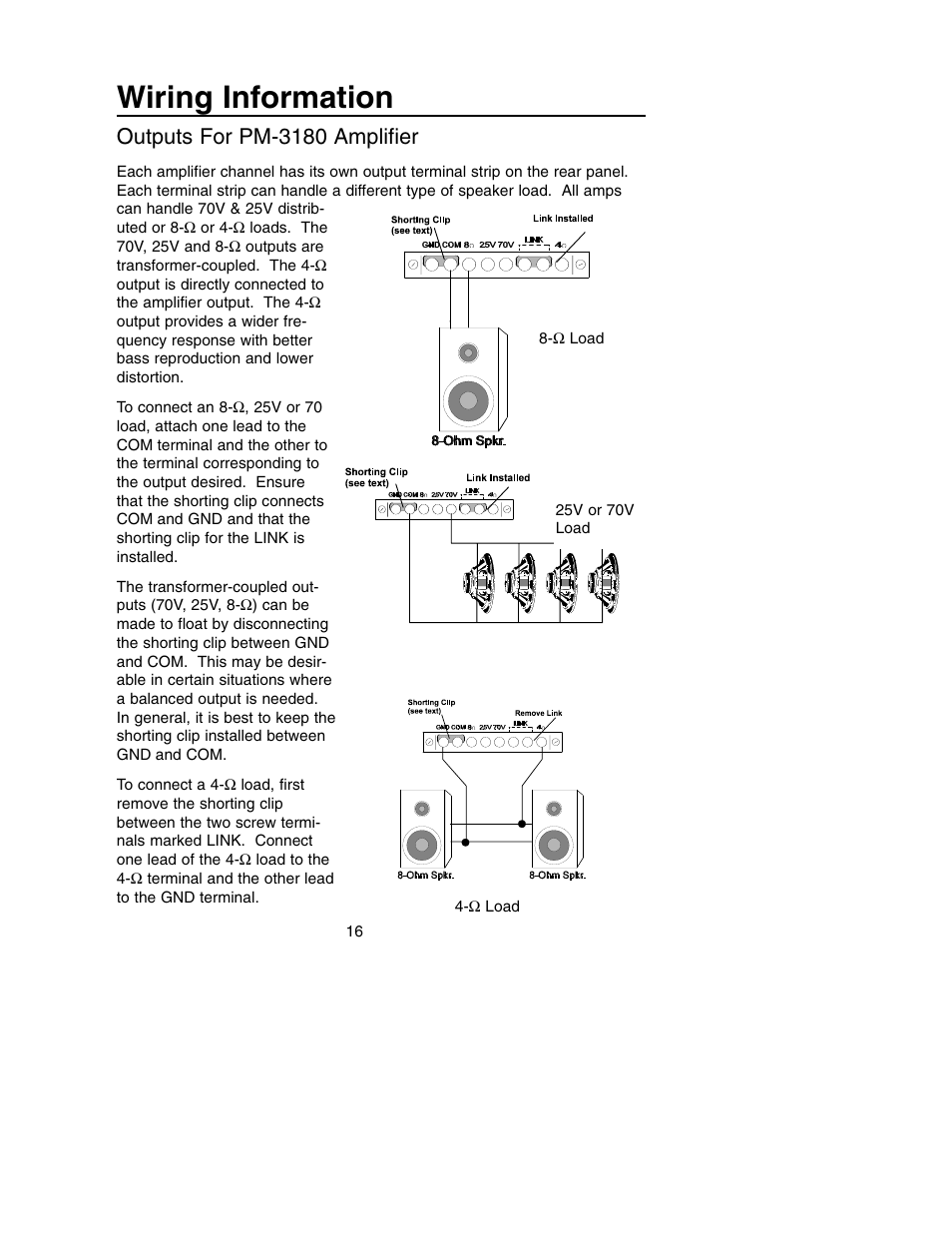 Wiring information, Outputs for pm-3180 amplifier | Bogen PM-3180 User Manual | Page 22 / 50