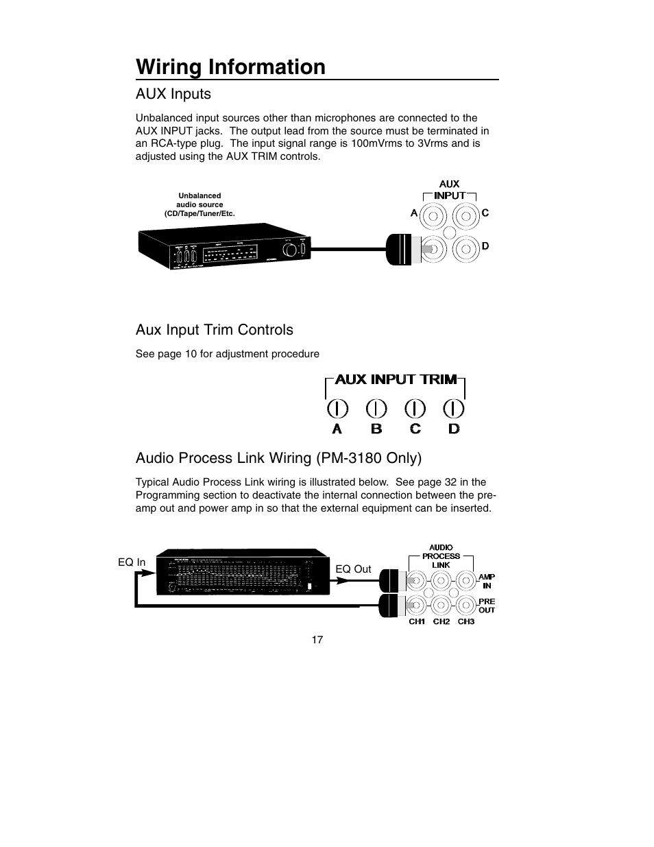 Wiring information, Aux inputs, Aux input trim controls | Audio process link wiring (pm-3180 only) | Bogen PM-3180 User Manual | Page 23 / 50