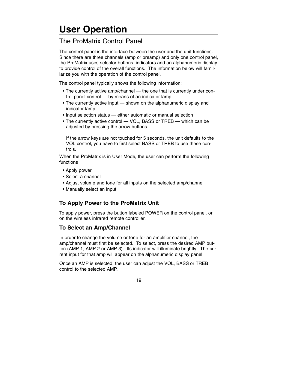 User operation, The promatrix control panel | Bogen PM-3180 User Manual | Page 25 / 50