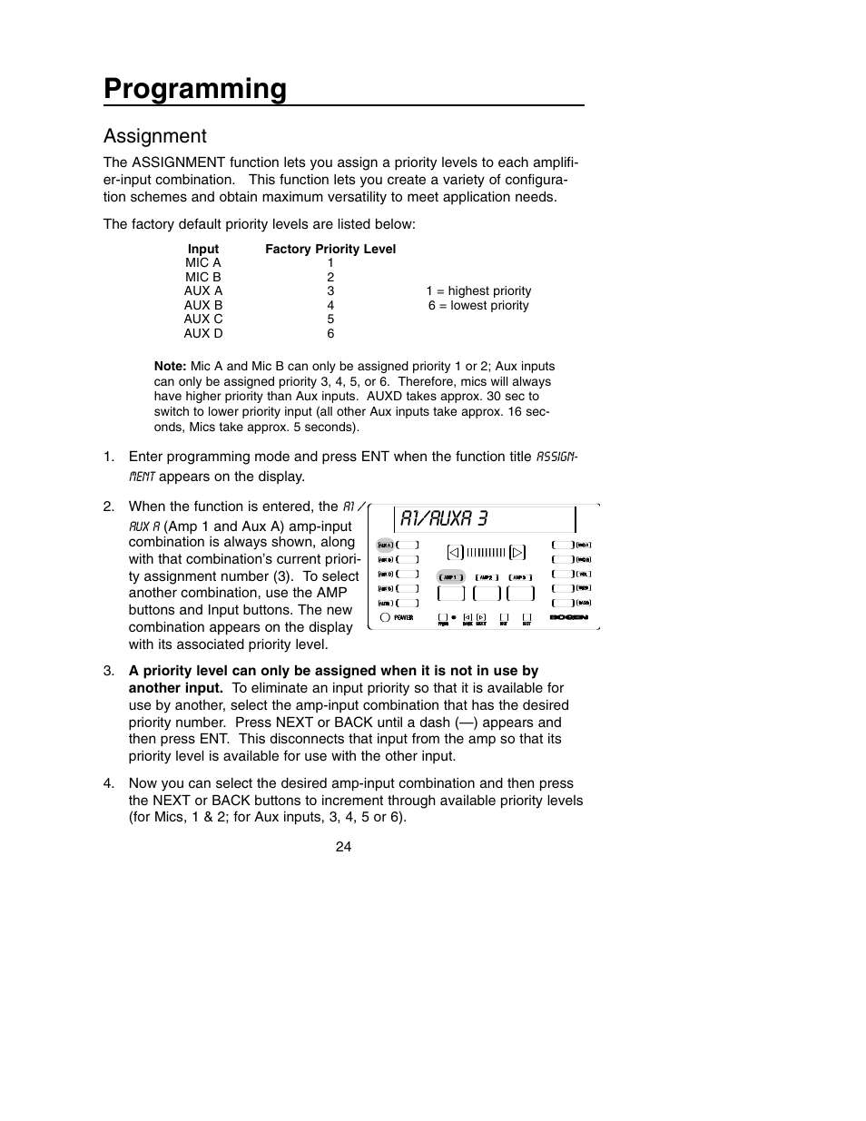 Programming, A1/auxa 3, Assignment | Bogen PM-3180 User Manual | Page 30 / 50