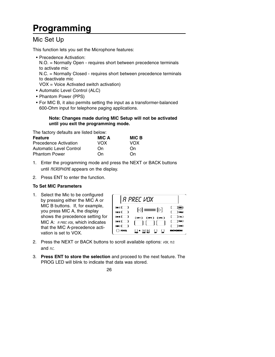 Programming, A prec vox, Mic set up | Bogen PM-3180 User Manual | Page 32 / 50