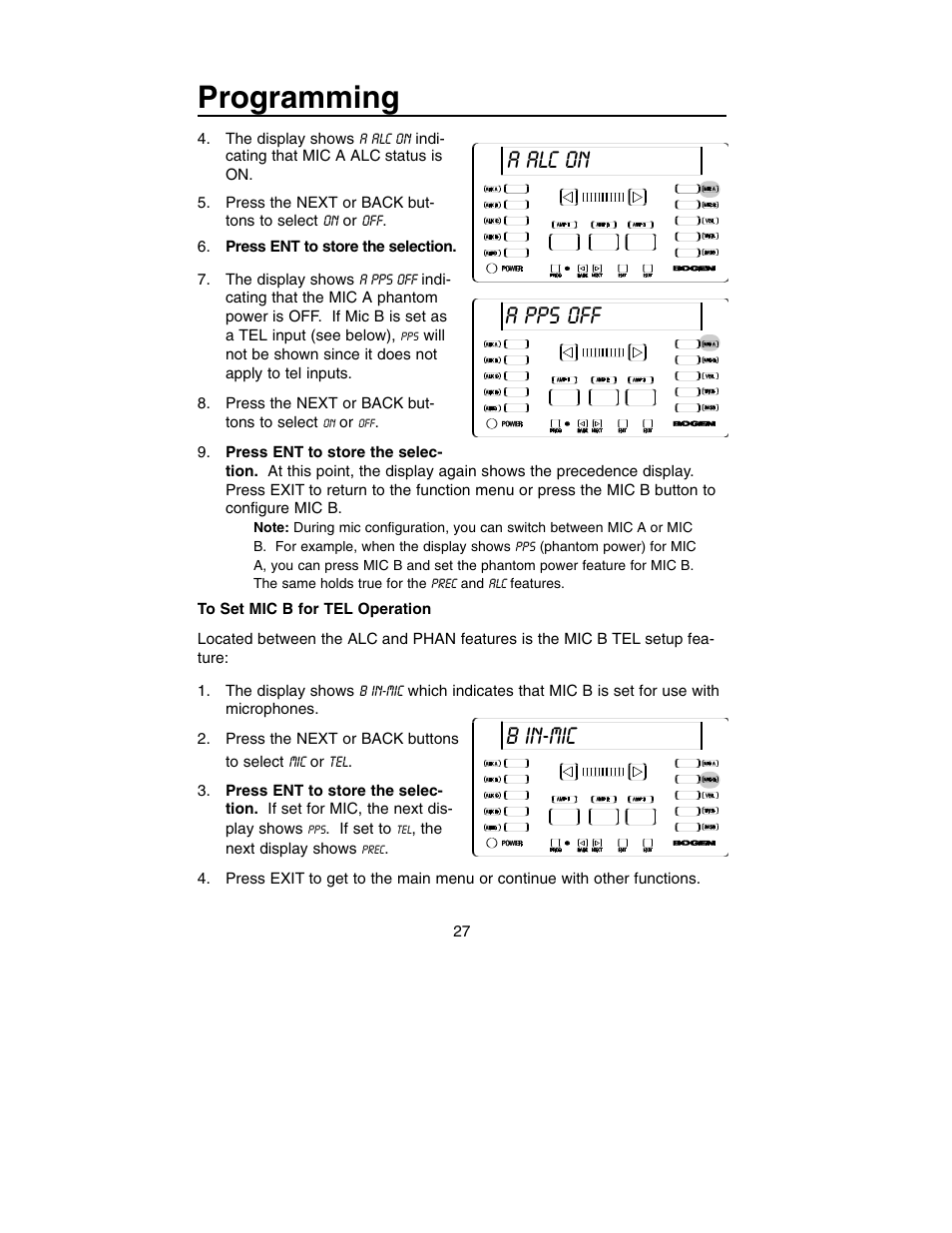 Programming, B in-mic a alc on a pps off | Bogen PM-3180 User Manual | Page 33 / 50