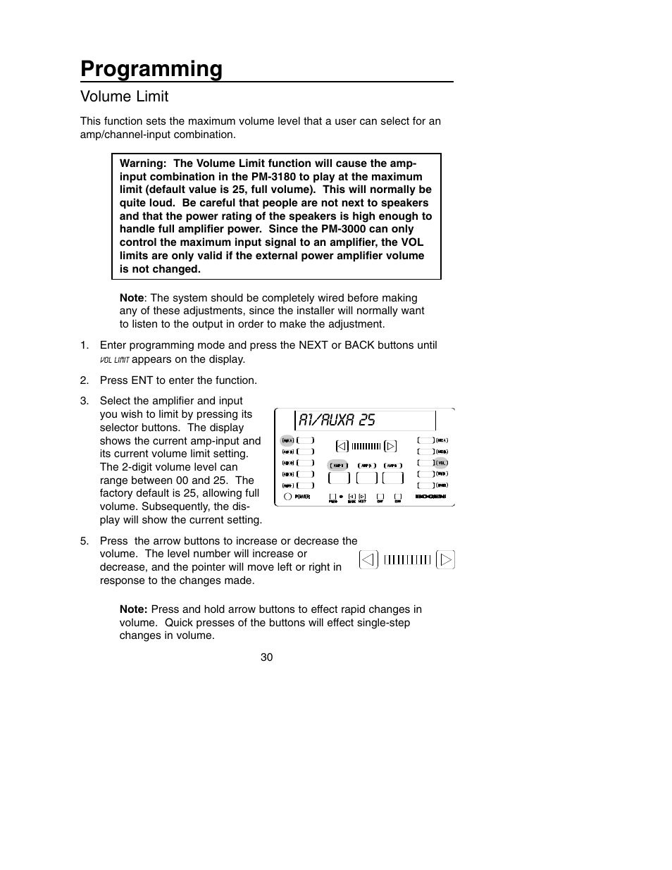 Programming, A1/auxa 25, Volume limit | Bogen PM-3180 User Manual | Page 36 / 50