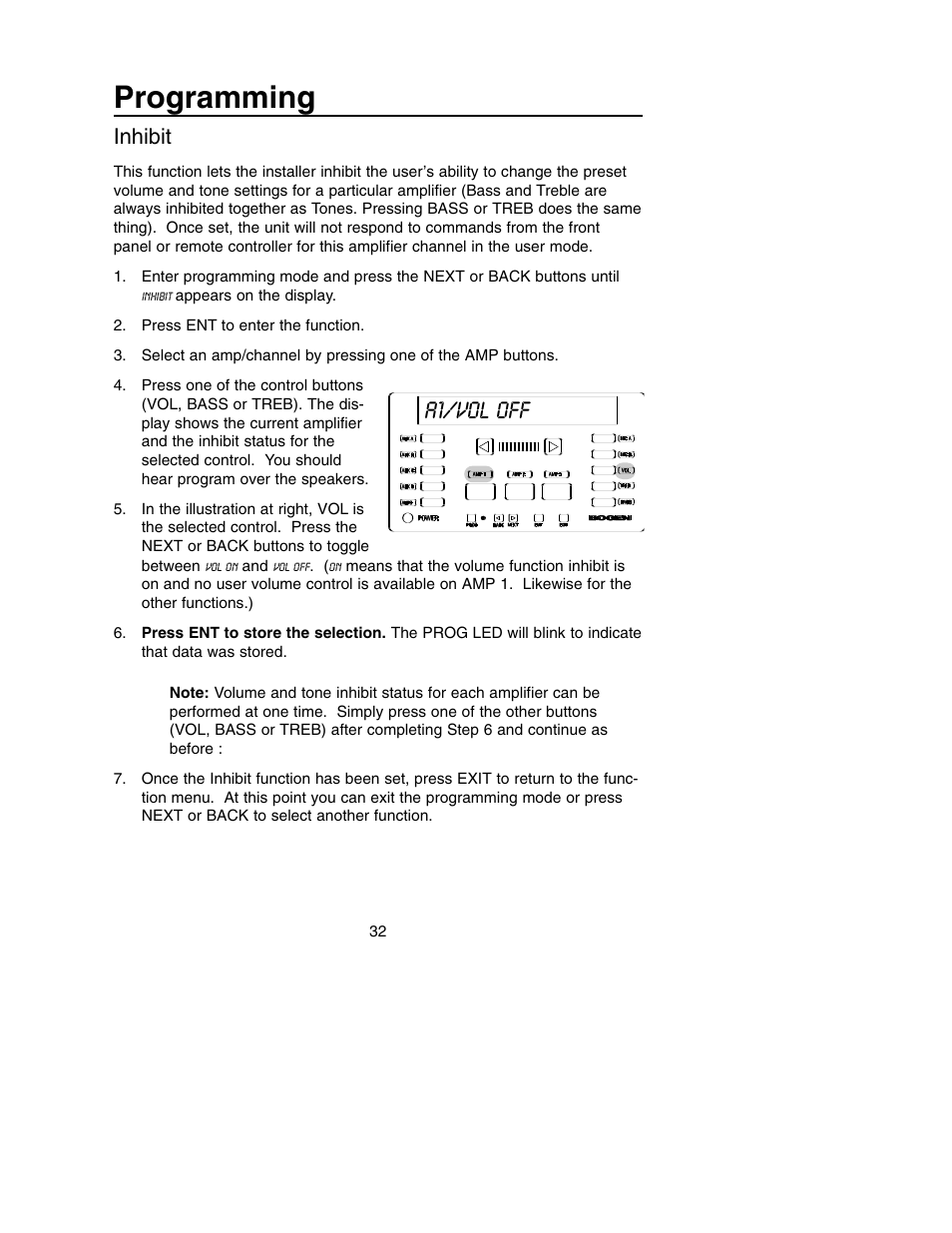 Programming, A1/vol off, Inhibit | Bogen PM-3180 User Manual | Page 38 / 50