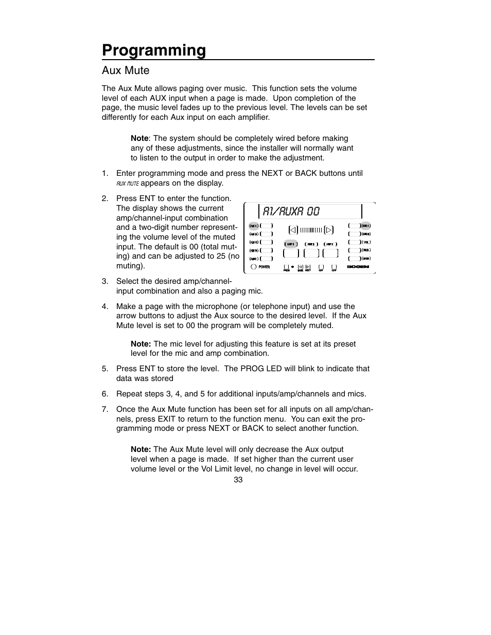 Programming, A1/auxa 00, Aux mute | Bogen PM-3180 User Manual | Page 39 / 50