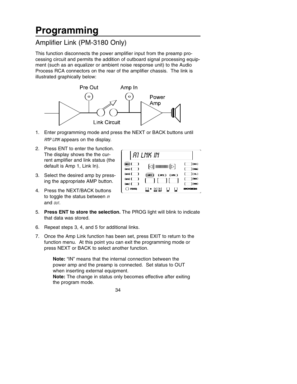 Programming, A1 lnk in, Amplifier link (pm-3180 only) | Bogen PM-3180 User Manual | Page 40 / 50