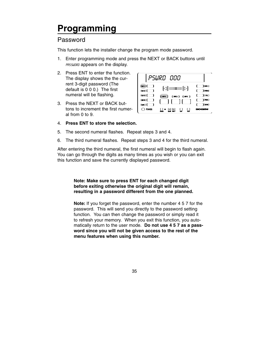 Programming, Pswrd 000, Password | Bogen PM-3180 User Manual | Page 41 / 50