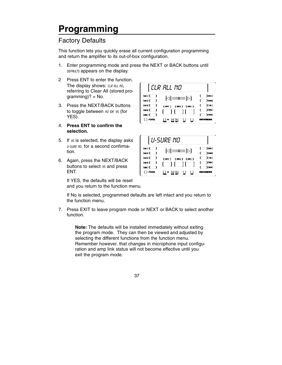 Programming, Clr all no u-sure no, Factory defaults | Bogen PM-3180 User Manual | Page 43 / 50