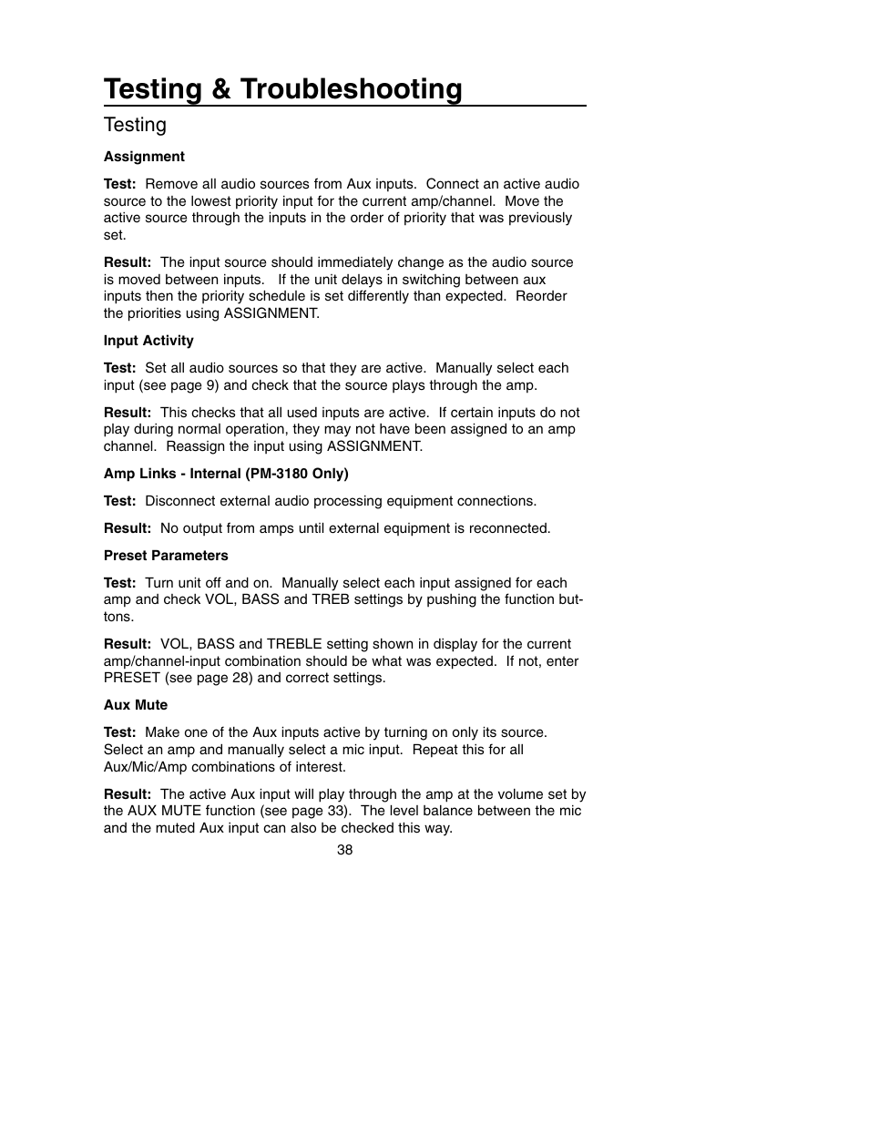 Testing & troubleshooting, Testing | Bogen PM-3180 User Manual | Page 44 / 50