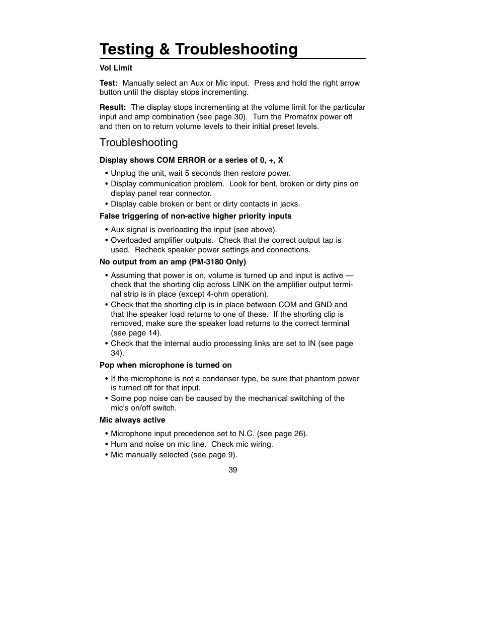 Testing & troubleshooting, Troubleshooting | Bogen PM-3180 User Manual | Page 45 / 50