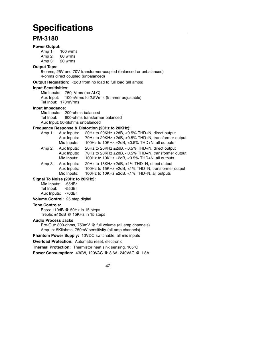 Specifications, Pm-3180 | Bogen PM-3180 User Manual | Page 48 / 50