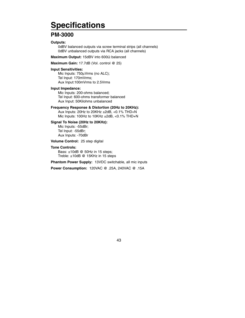 Specifications, Pm-3000 | Bogen PM-3180 User Manual | Page 49 / 50