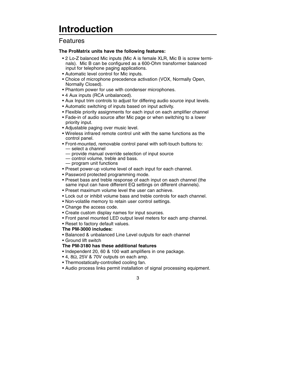 Introduction, Features | Bogen PM-3180 User Manual | Page 9 / 50
