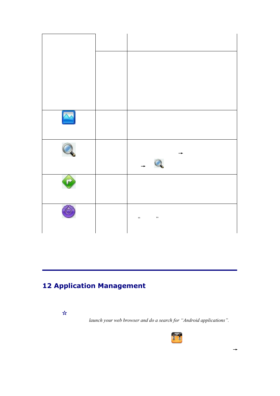 12 application management, Install android applications, Wallpaper | Search, Notifications, Settings | KOCASO NB716 User Manual | Page 12 / 31