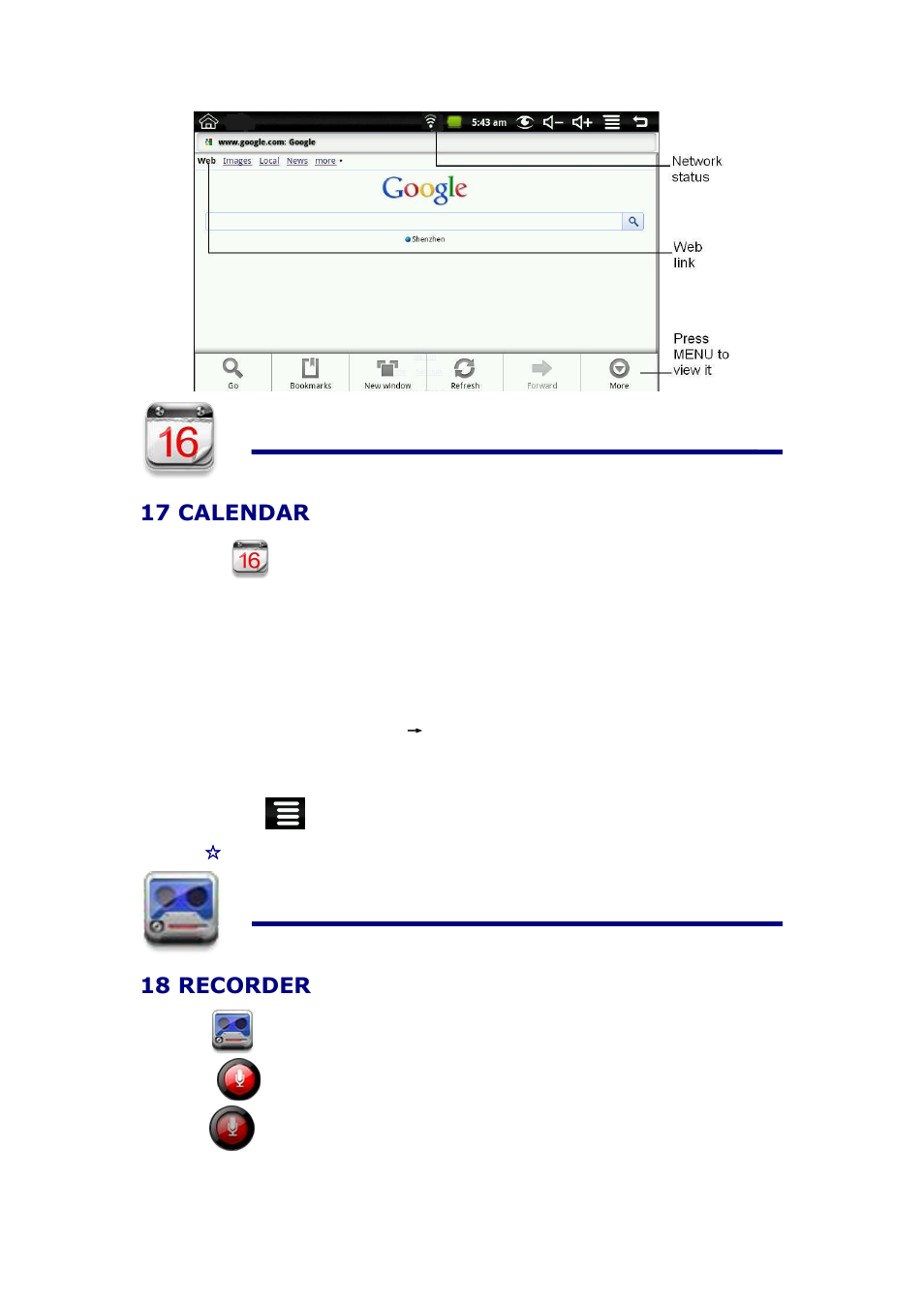 17 calendar, Add event, 18 recorder | KOCASO NB716 User Manual | Page 16 / 31