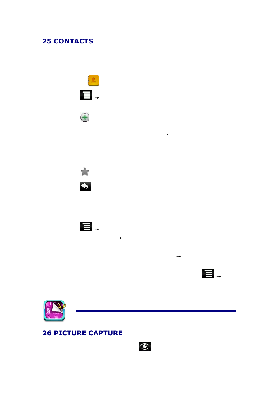 25contacts, Add new contacts, Add contact to favorites | Edit contacts, Delete contacts, 26picture capture, 25 contacts, 26 picture capture | KOCASO NB716 User Manual | Page 23 / 31