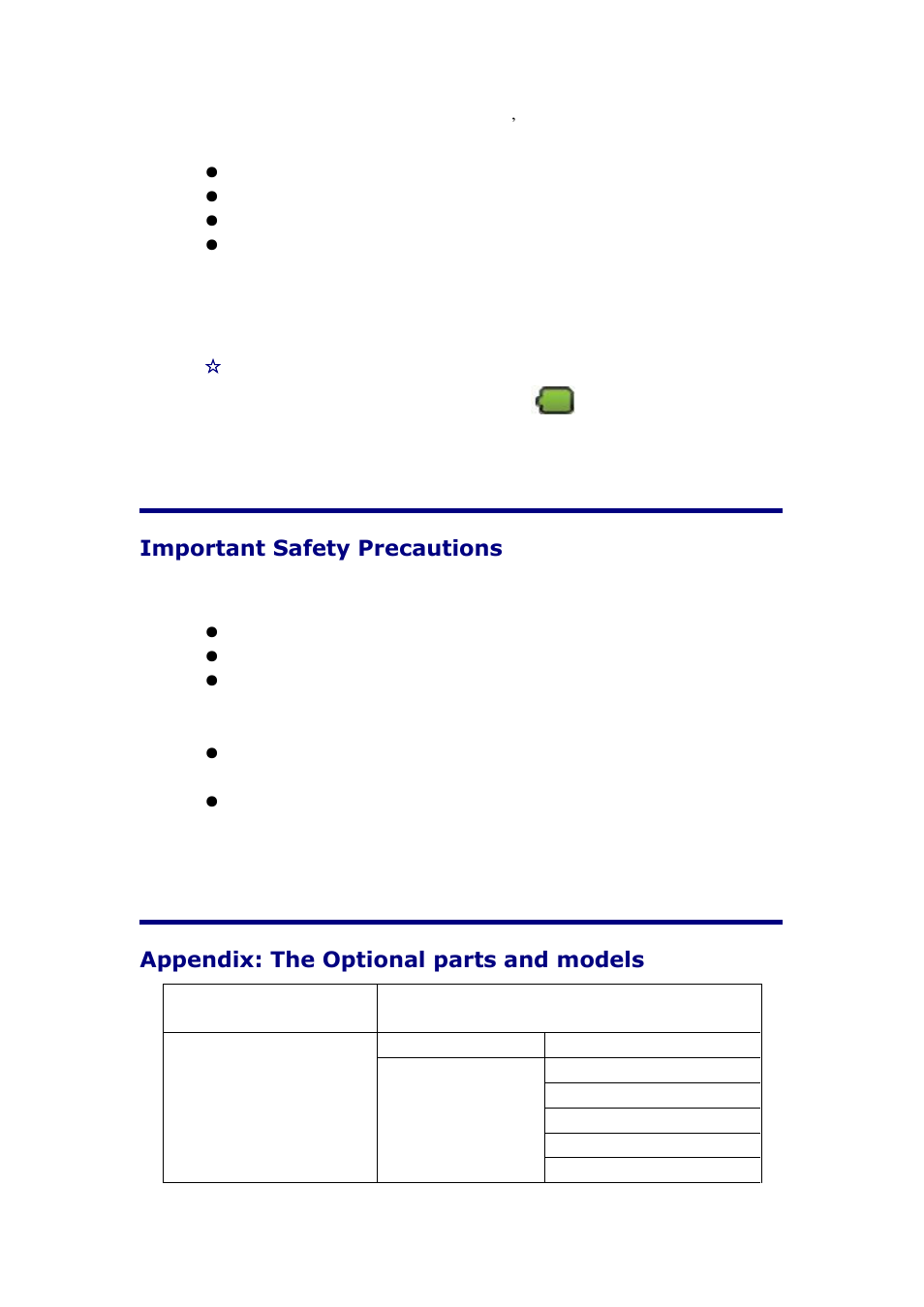 Important safety precautions, Appendix: the optional parts and models, Parts type | Parts name, Charge battery, Clean your device | KOCASO NB716 User Manual | Page 30 / 31