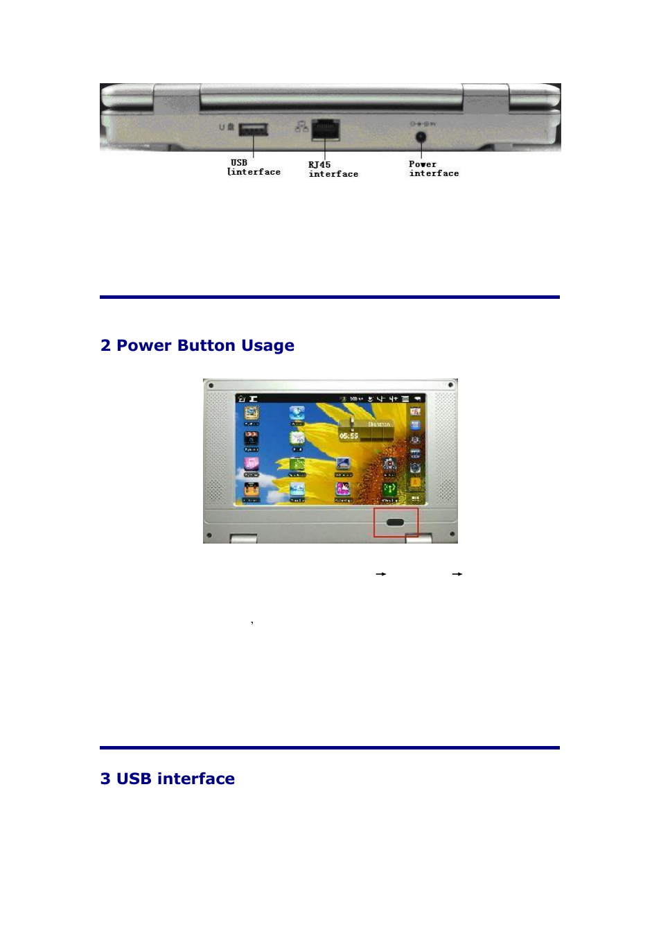 2 power button usage, 3 usb interface | KOCASO NB716 User Manual | Page 4 / 31