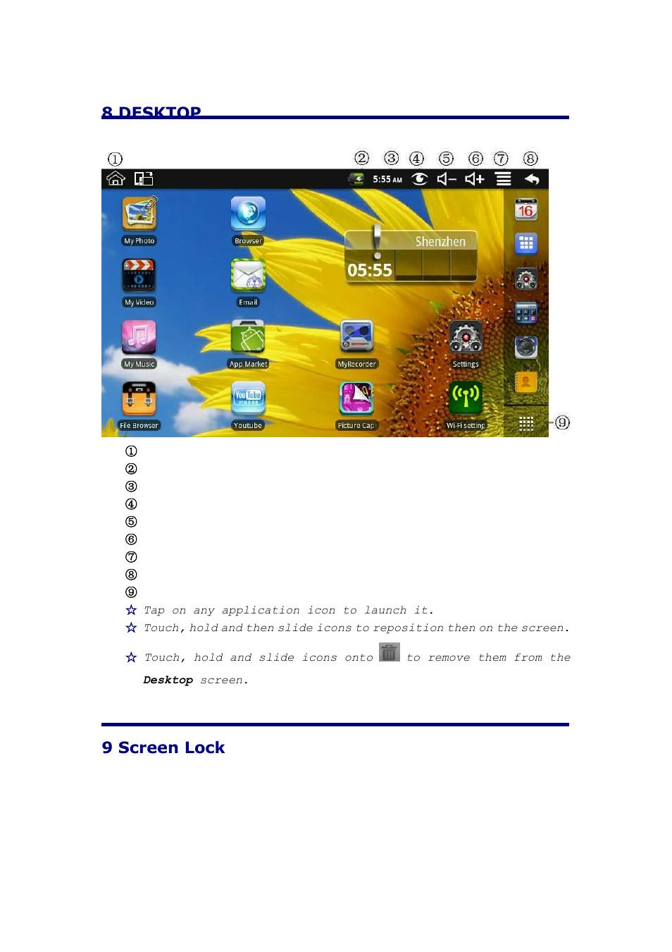 8 desktop, 9 screen lock | KOCASO NB716 User Manual | Page 8 / 31