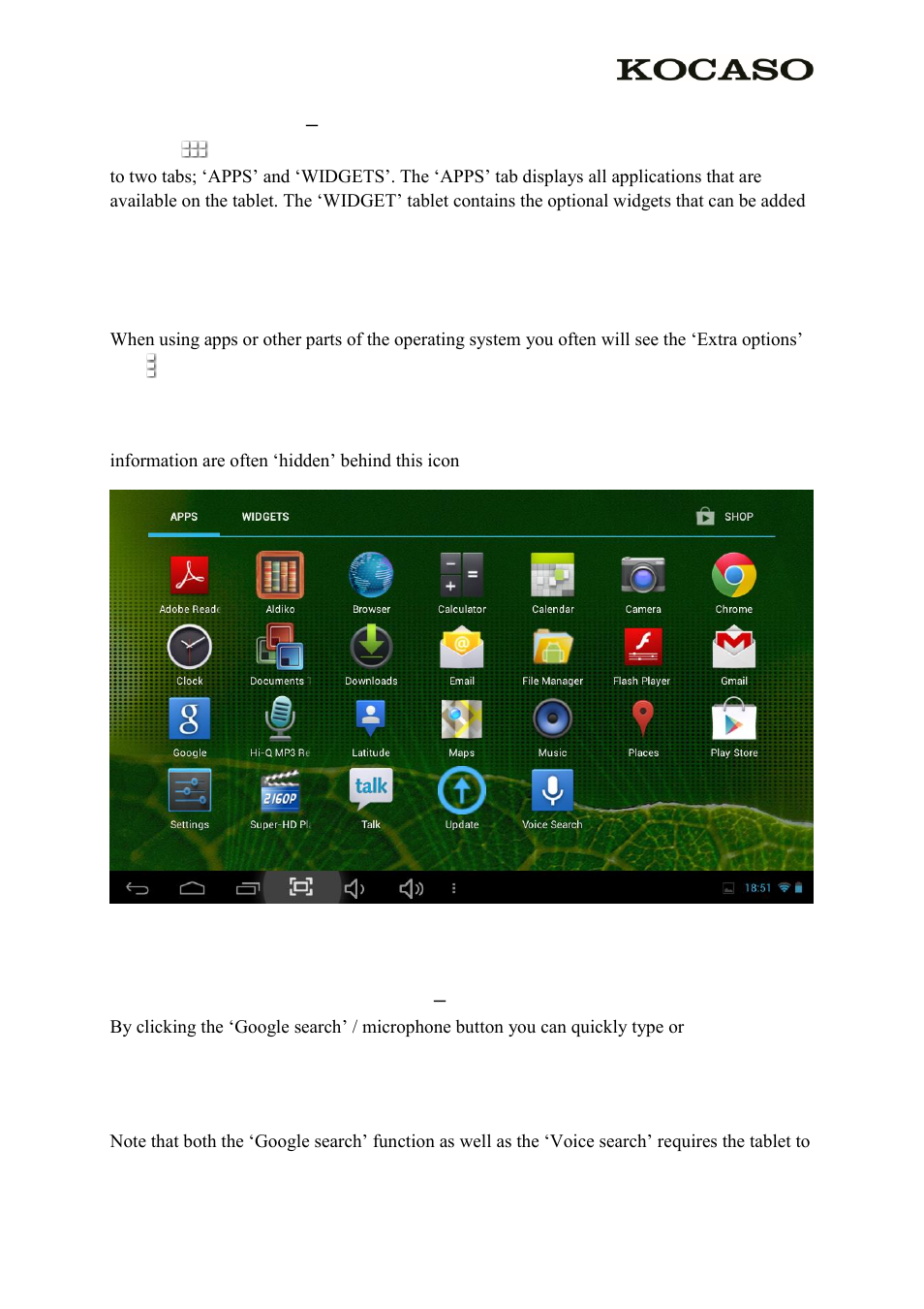 2 the app drawer – right top corner, 3 google search / voice search – left top corner | KOCASO SX9730 User Manual | Page 5 / 15