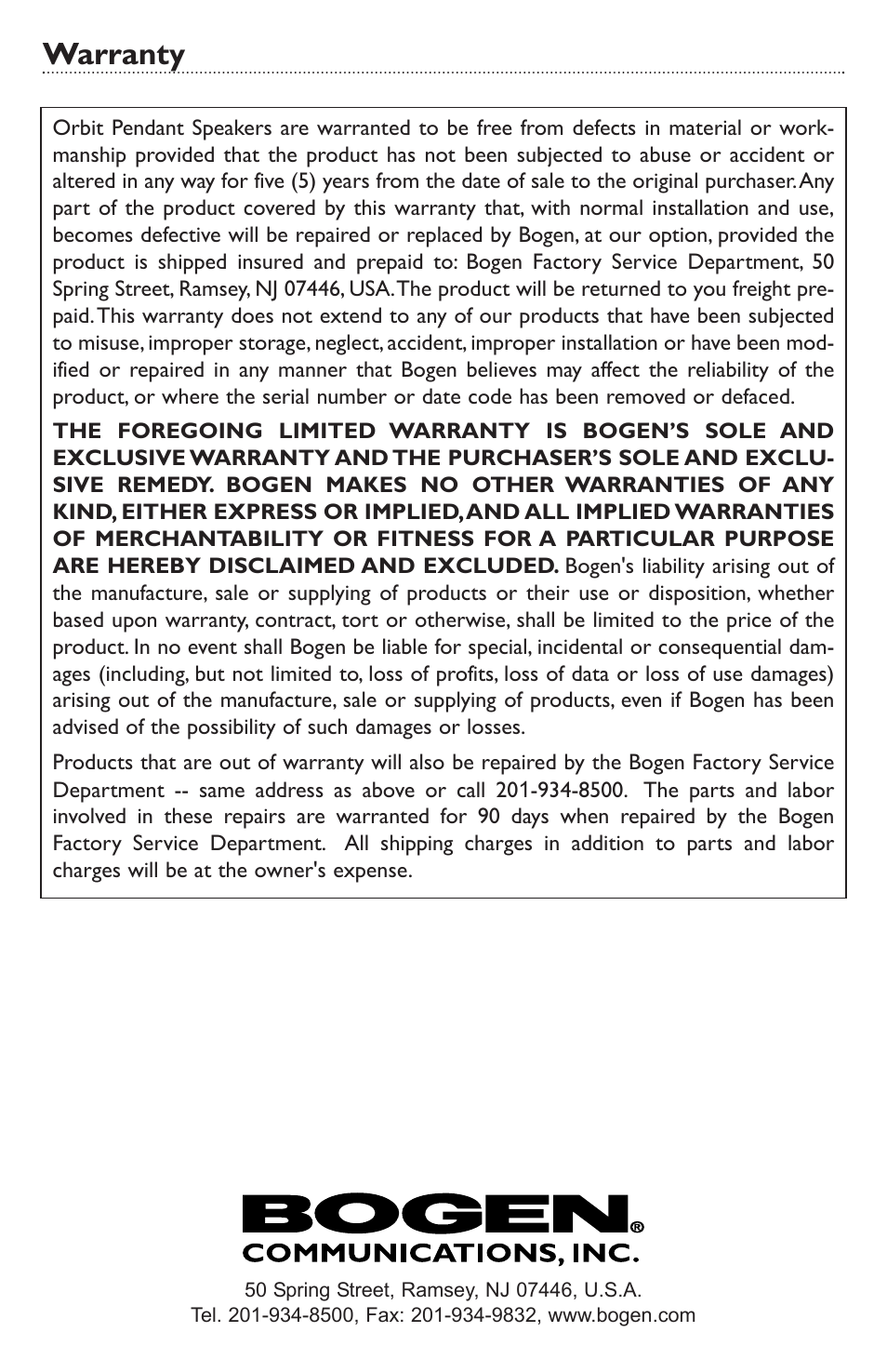 Warranty | Bogen NEAR ORBIT OPS1 User Manual | Page 8 / 8