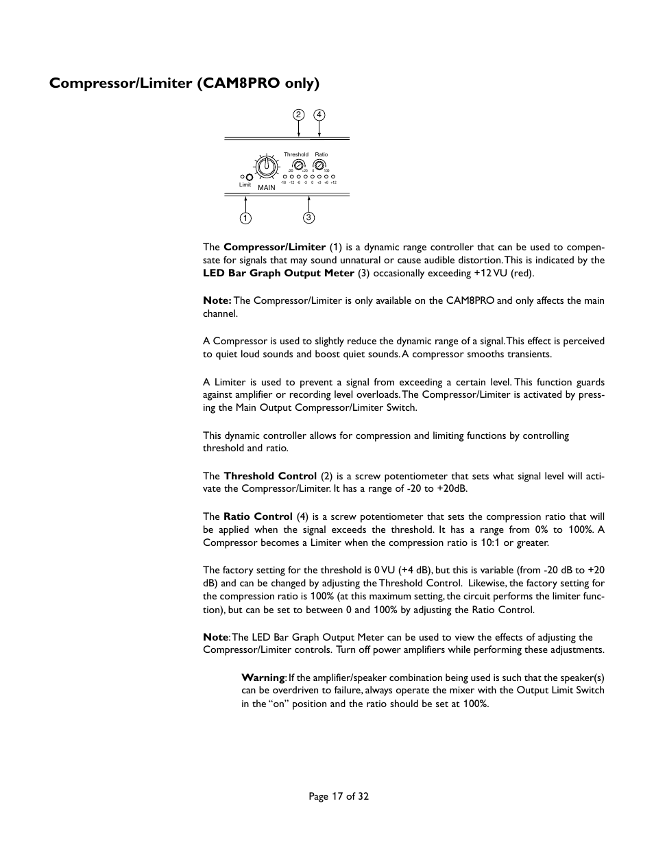 Compressor/limiter (cam8pro only) | Bogen CAM8 User Manual | Page 17 / 32