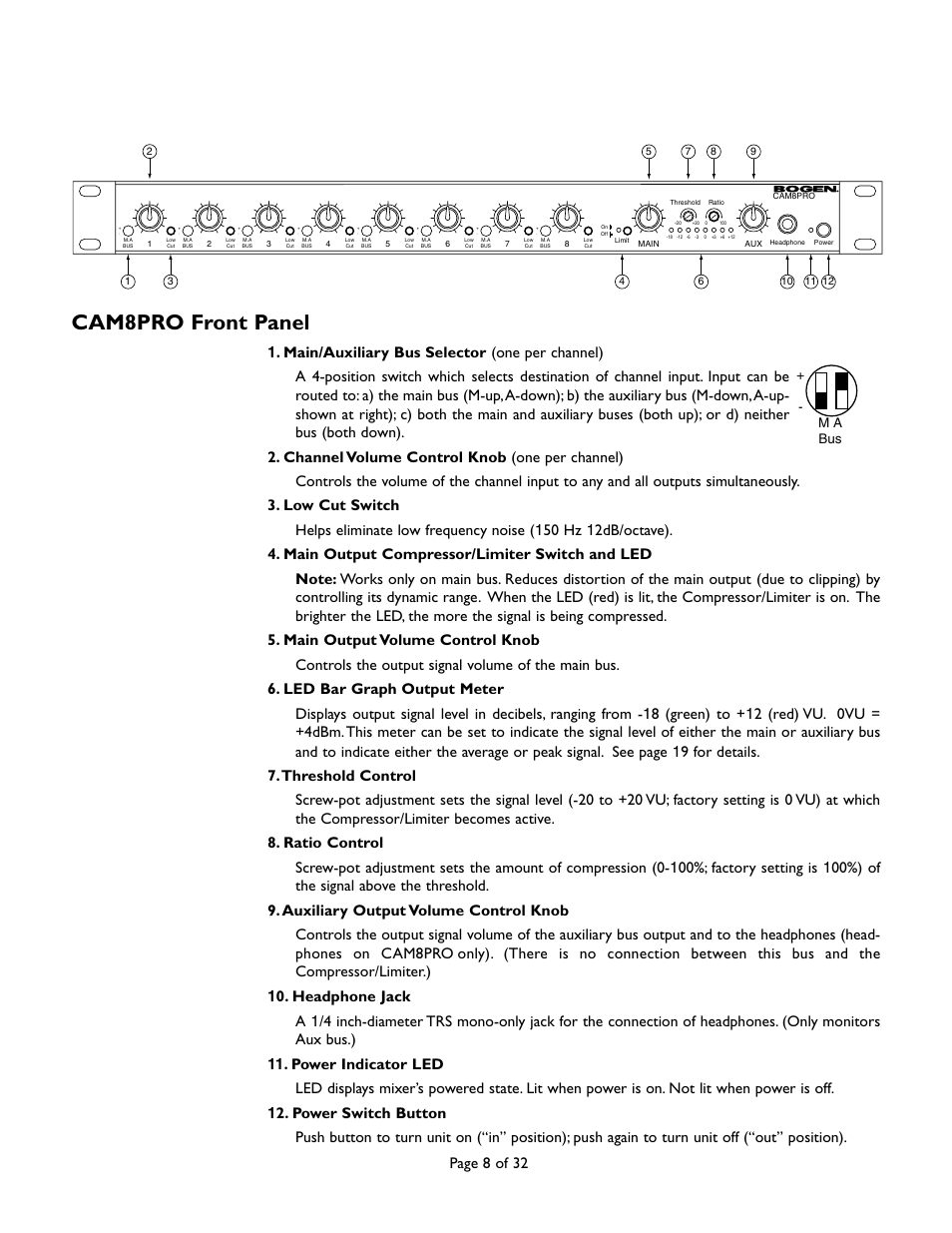 Cam8pro front panel, Page 8 of 32, M a bus | Bogen CAM8 User Manual | Page 8 / 32
