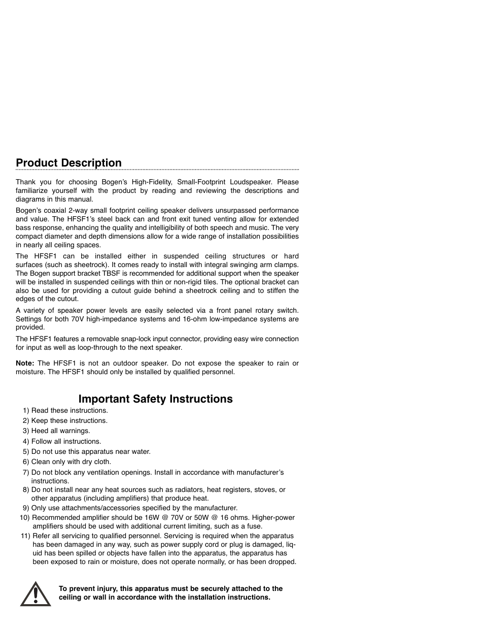 Product description, Important safety instructions | Bogen HFSF1 User Manual | Page 2 / 8