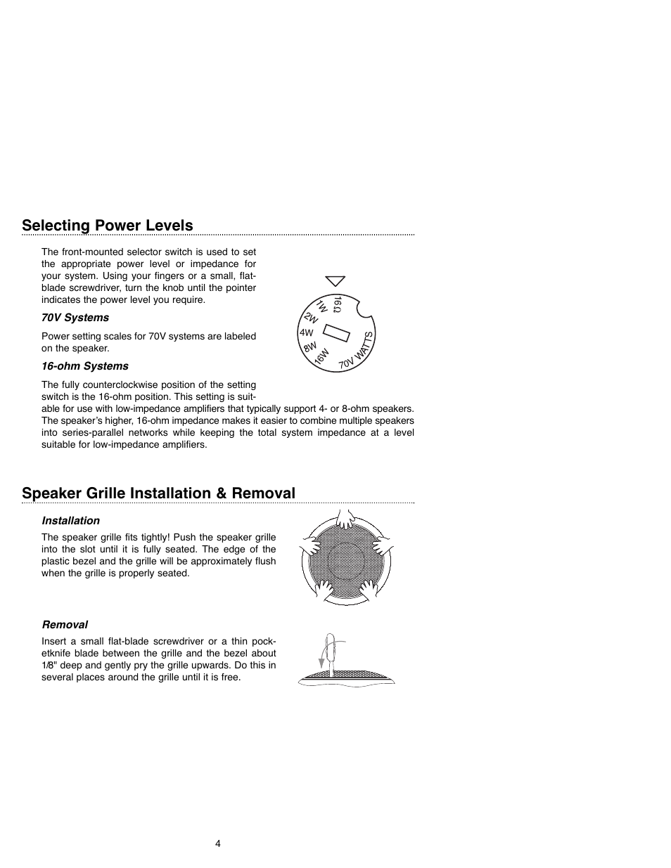 Selecting power levels, Speaker grille installation & removal | Bogen HFSF1 User Manual | Page 6 / 8