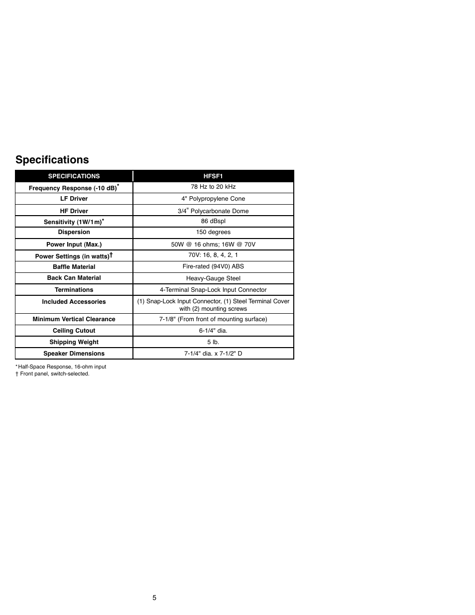 Specifications | Bogen HFSF1 User Manual | Page 7 / 8