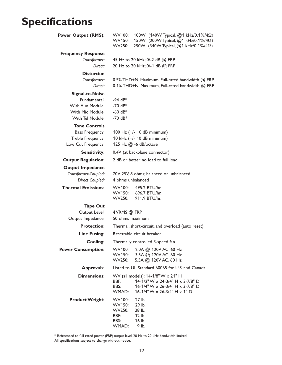 Specifications | Bogen WV150 User Manual | Page 14 / 17