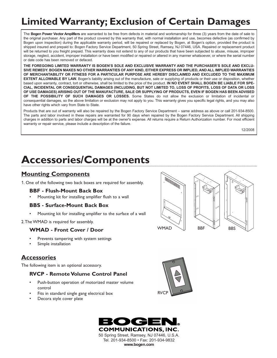 Accessories/components, Limited warranty; exclusion of certain damages, Mounting components accessories | Bogen WV150 User Manual | Page 16 / 17