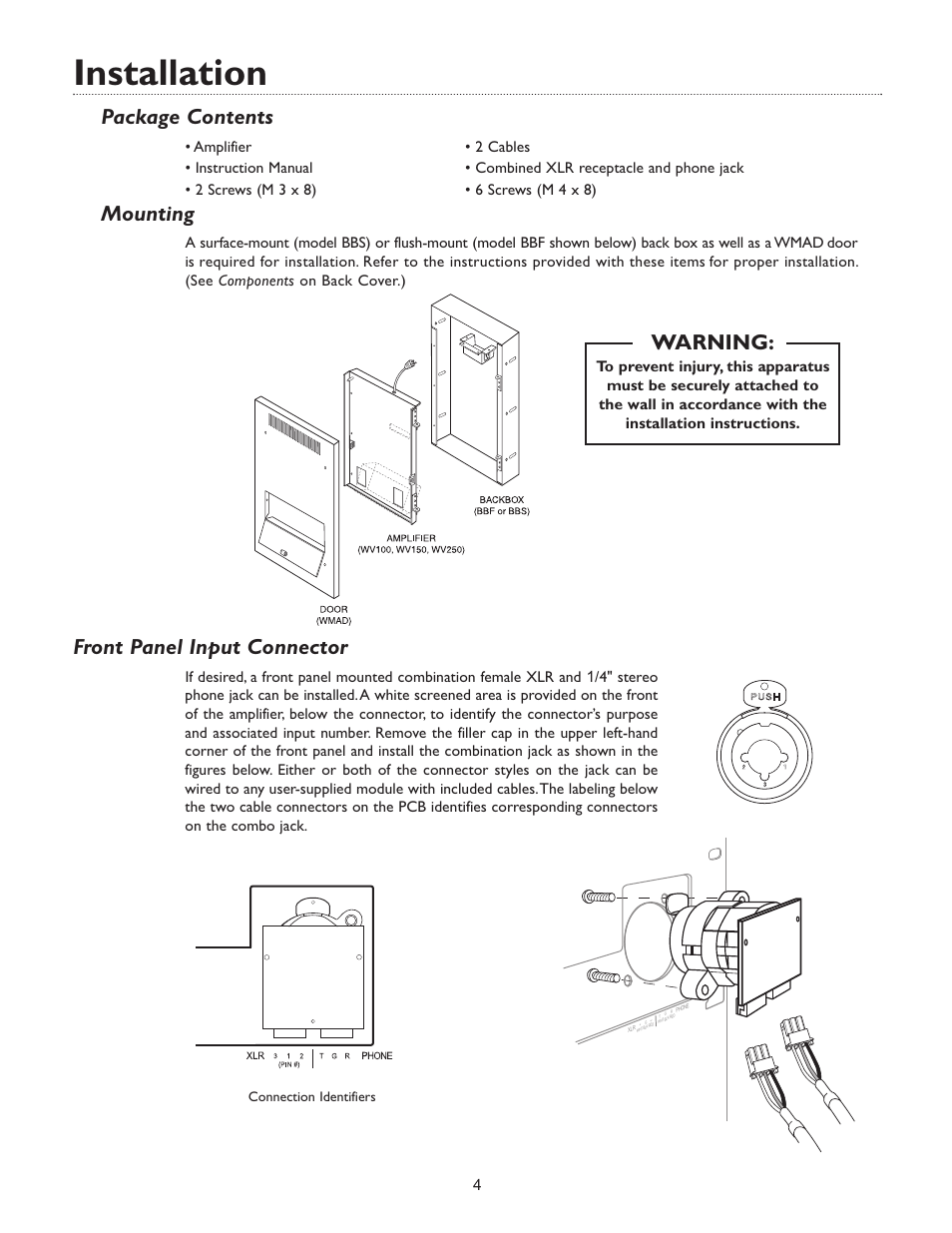 Installation, Package contents, Mounting | Front panel input connector, Warning | Bogen WV150 User Manual | Page 6 / 17