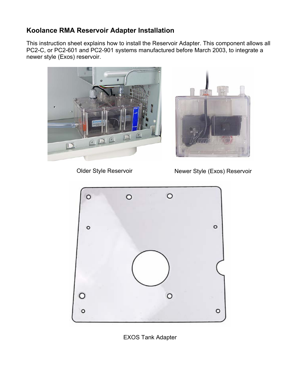 Koolance RMA Reservoir Adapter User Manual | 6 pages